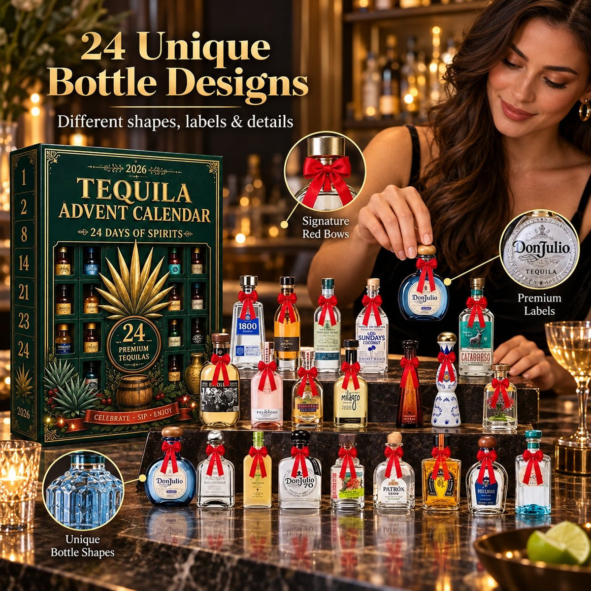 🎁🏺24-Day Mini Tequila Bottle Advent Blind Box for Holiday Celebration, Bar Table Decor, Collector Gift & Family Countdown