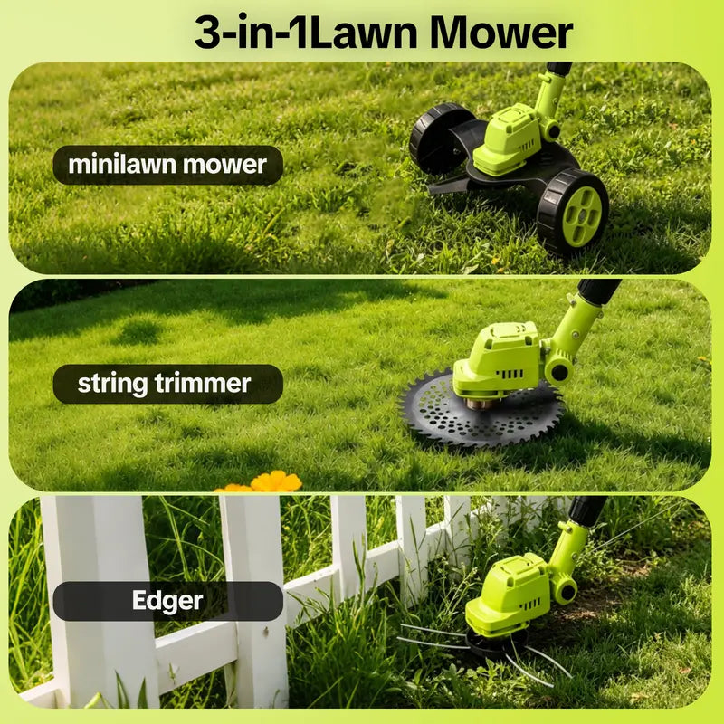 🌿 21V 3-in-1 Cordless Grass Trimmer, Edger & Mini Mower – Complete Yard Kit