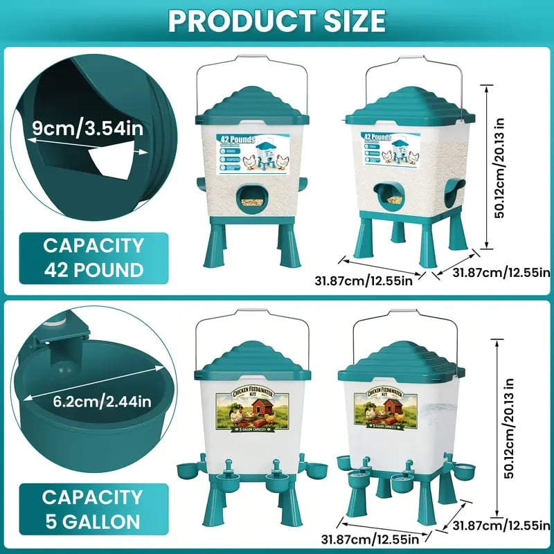 🐔 42LB Chicken Feeder & 5 Gal Waterer Set – No-Waste Auto Poultry Feeder with Cups – Complete Coop Kit 💧