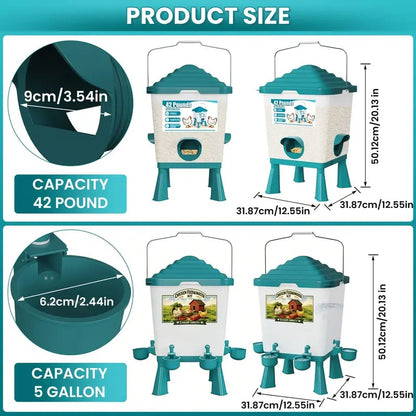 🐔 42LB Chicken Feeder & 5 Gal Waterer Set – No-Waste Auto Poultry Feeder with Cups – Complete Coop Kit 💧