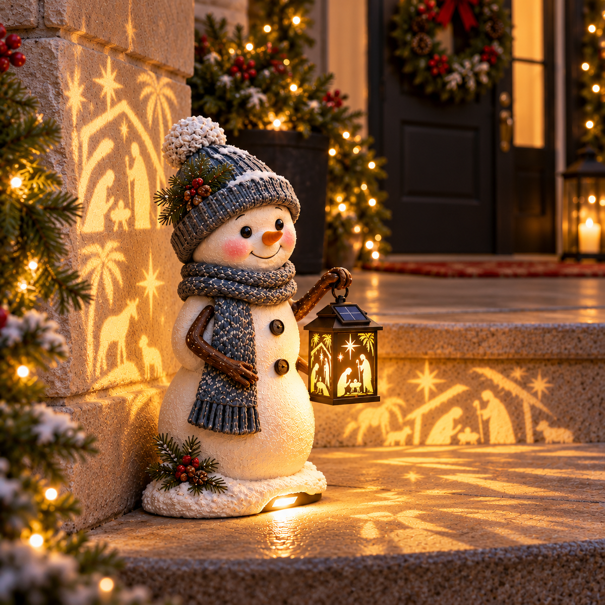 ⛄ Last Day 49% Snowman Nativity Glow™ – Solar Christmas Step Light with Holy Family Projection！！！