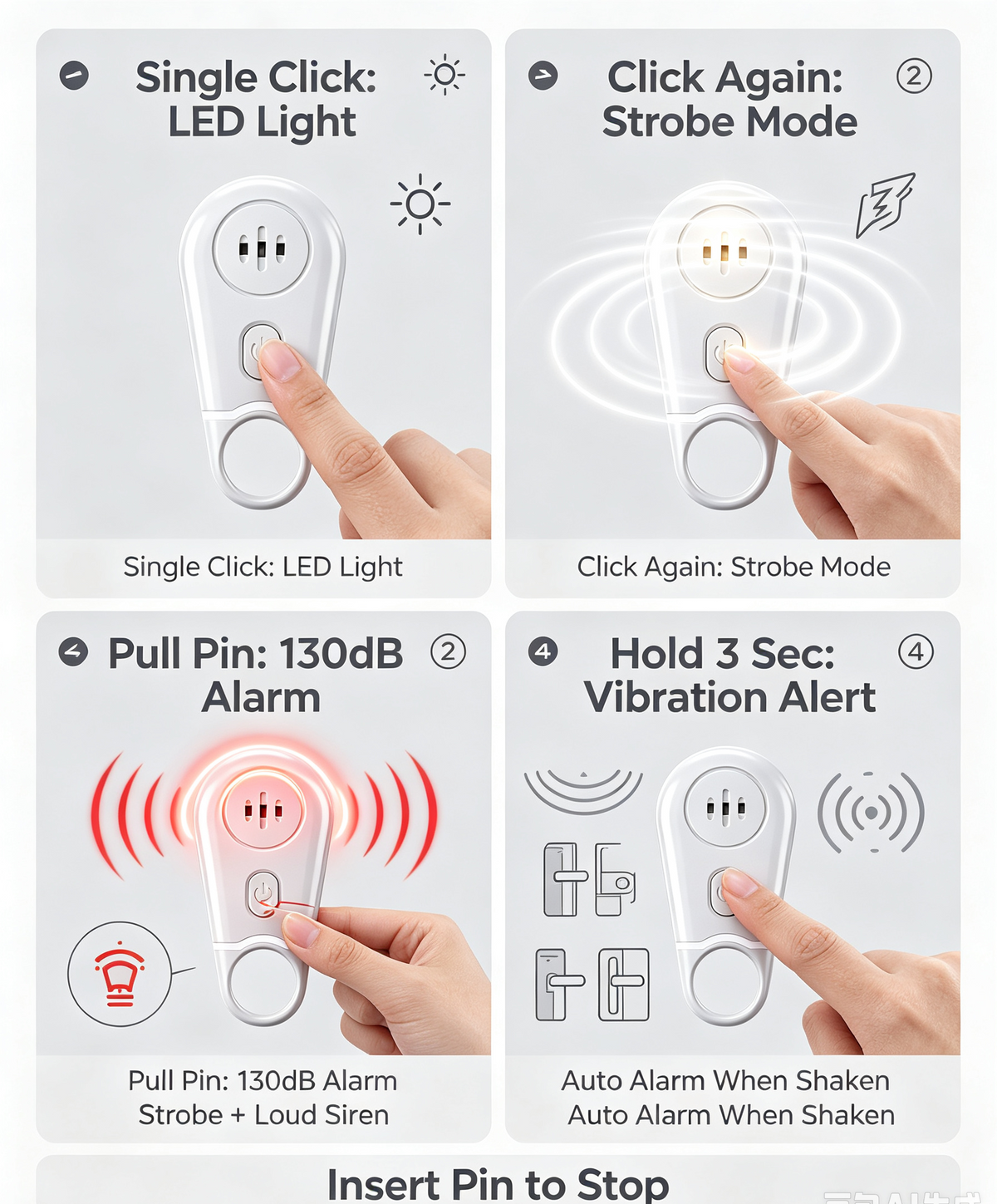 🔥50% OFF NOW! 🛡️Personal Safety Alarm Keychain—130dB Loud Emergency Siren with Vibration Activation Safety Mode, Rechargeable Flashlight & Strobe Light, Pull Ring Emergency Device for Women, Seniors, Travel & Hotel Safety