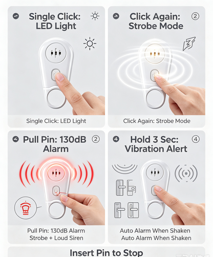 🔥50% OFF NOW! 🛡️Personal Safety Alarm Keychain—130dB Loud Emergency Siren with Vibration Activation Safety Mode, Rechargeable Flashlight & Strobe Light, Pull Ring Emergency Device for Women, Seniors, Travel & Hotel Safety