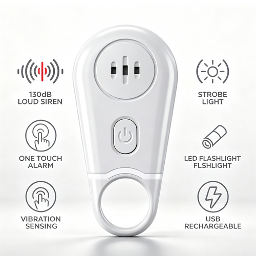 🔥50% OFF NOW! 🛡️Personal Safety Alarm Keychain—130dB Loud Emergency Siren with Vibration Activation Safety Mode, Rechargeable Flashlight & Strobe Light, Pull Ring Emergency Device for Women, Seniors, Travel & Hotel Safety