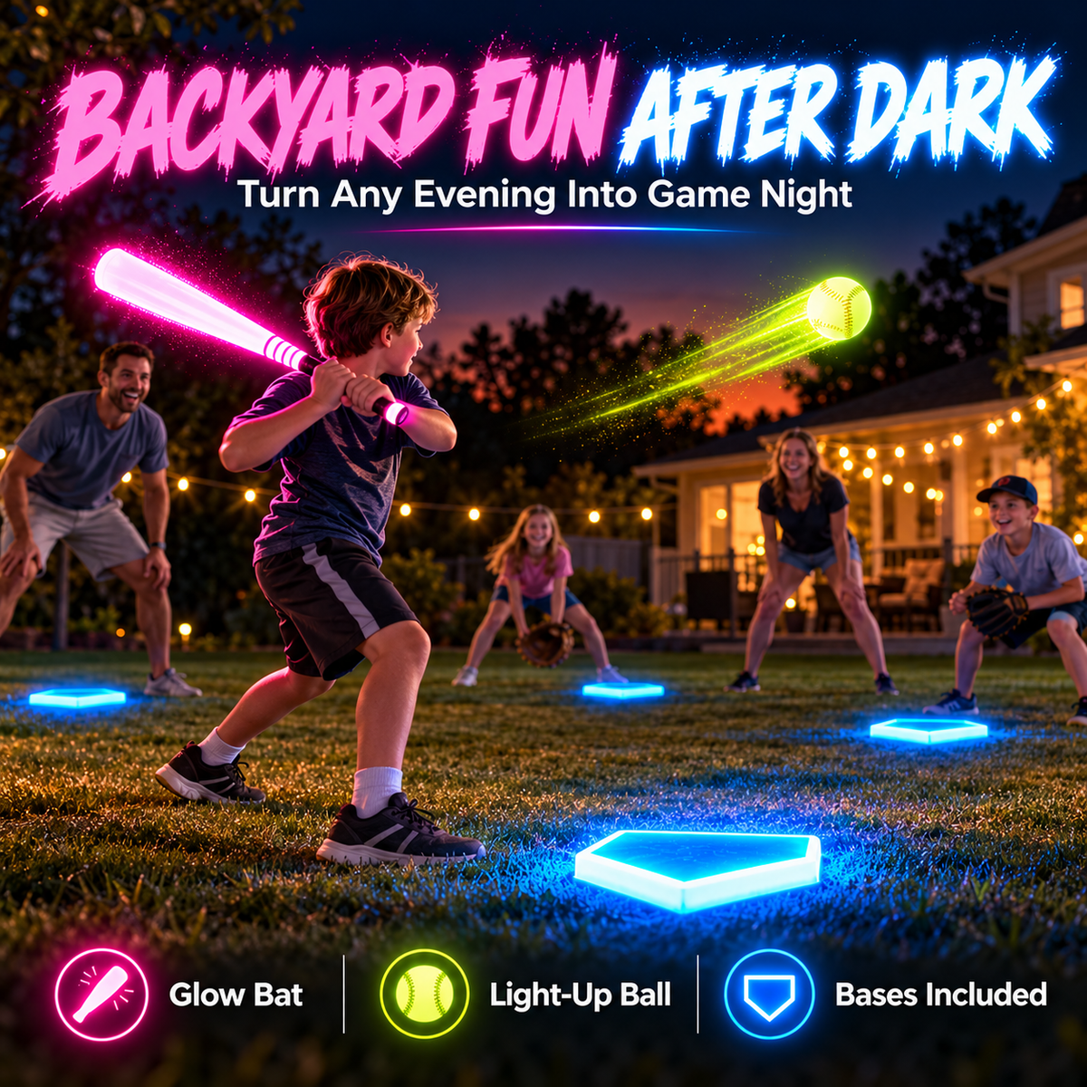 ⚾ Glow-in-the-Dark Baseball Set – Light-Up Bat, Ball & Bases for Night Games