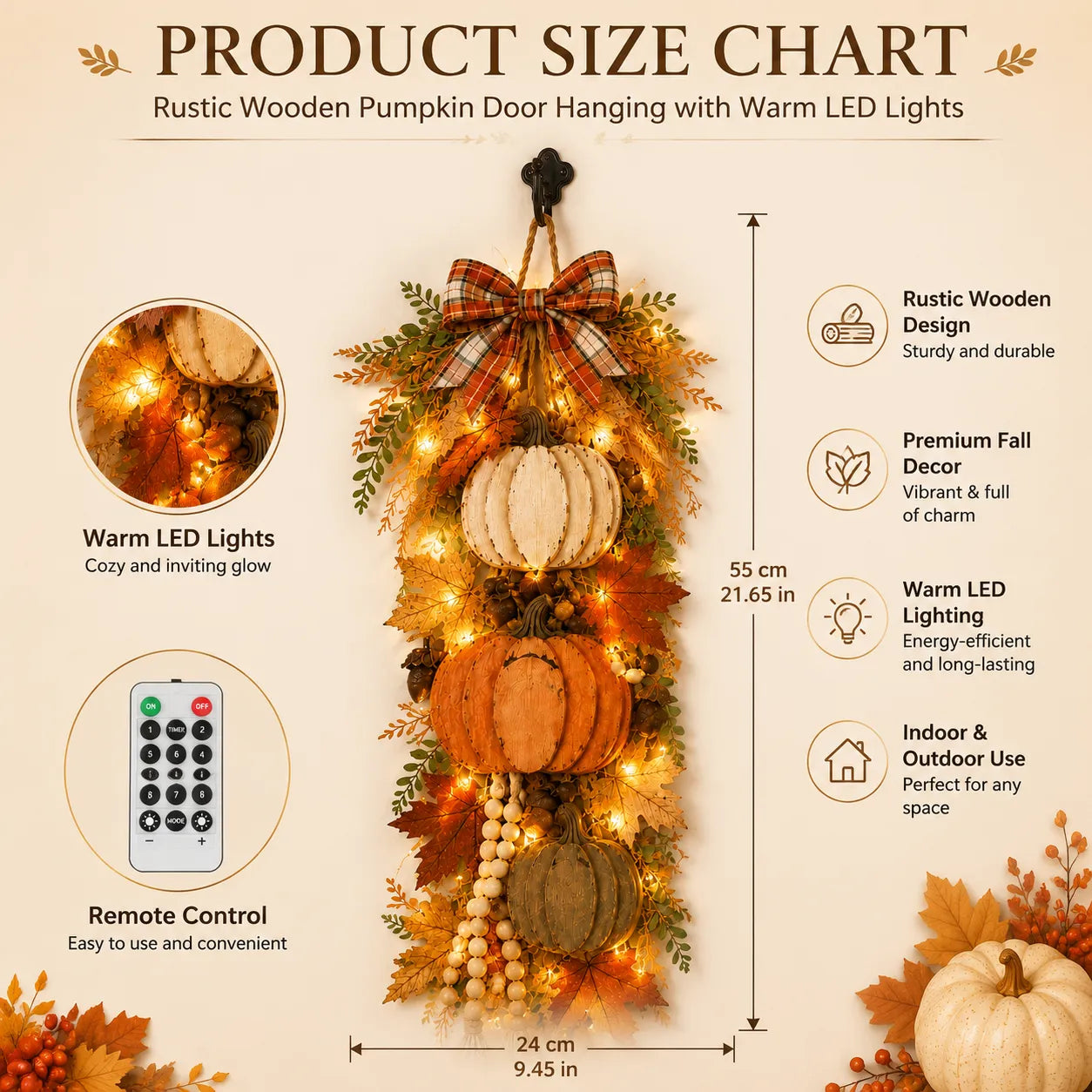 🔥 Limited-Time 50% OFF✨Rustic Wooden Pumpkin Door Hanging with Warm LED Lights