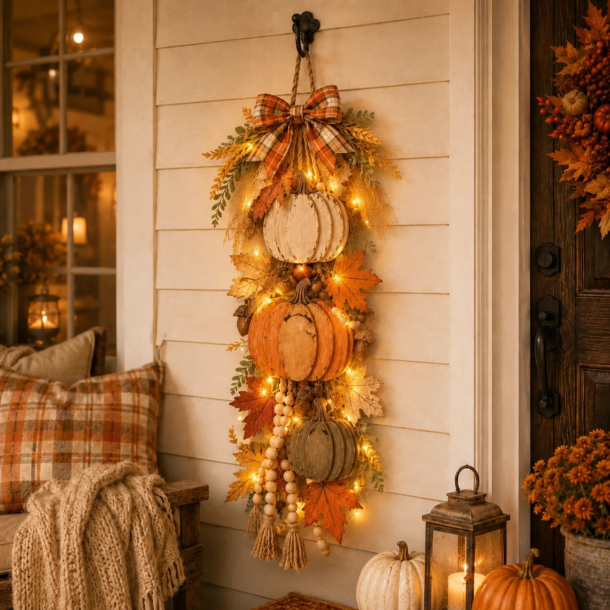 🔥 Limited-Time 50% OFF✨Rustic Wooden Pumpkin Door Hanging with Warm LED Lights
