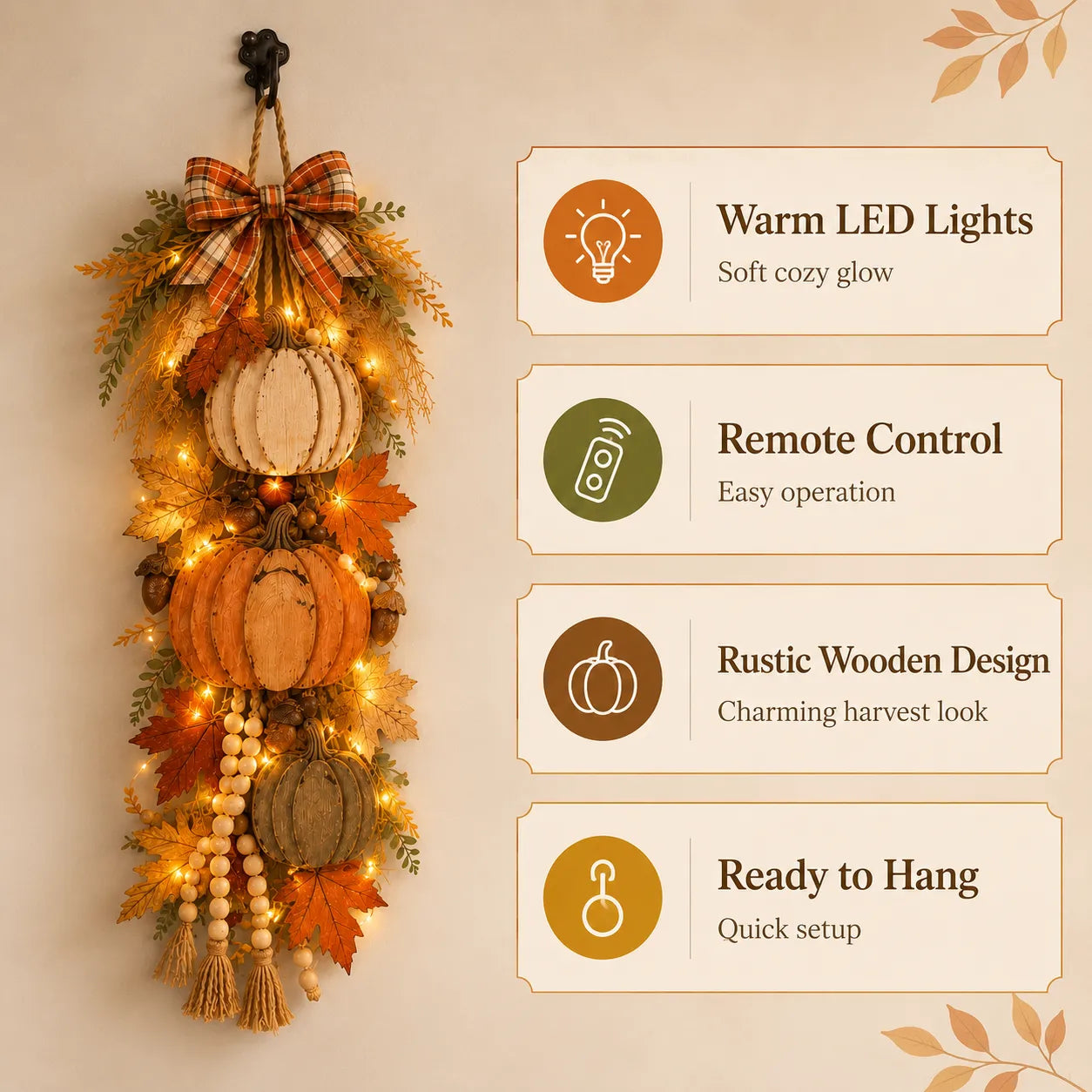 🔥 Limited-Time 50% OFF✨Rustic Wooden Pumpkin Door Hanging with Warm LED Lights