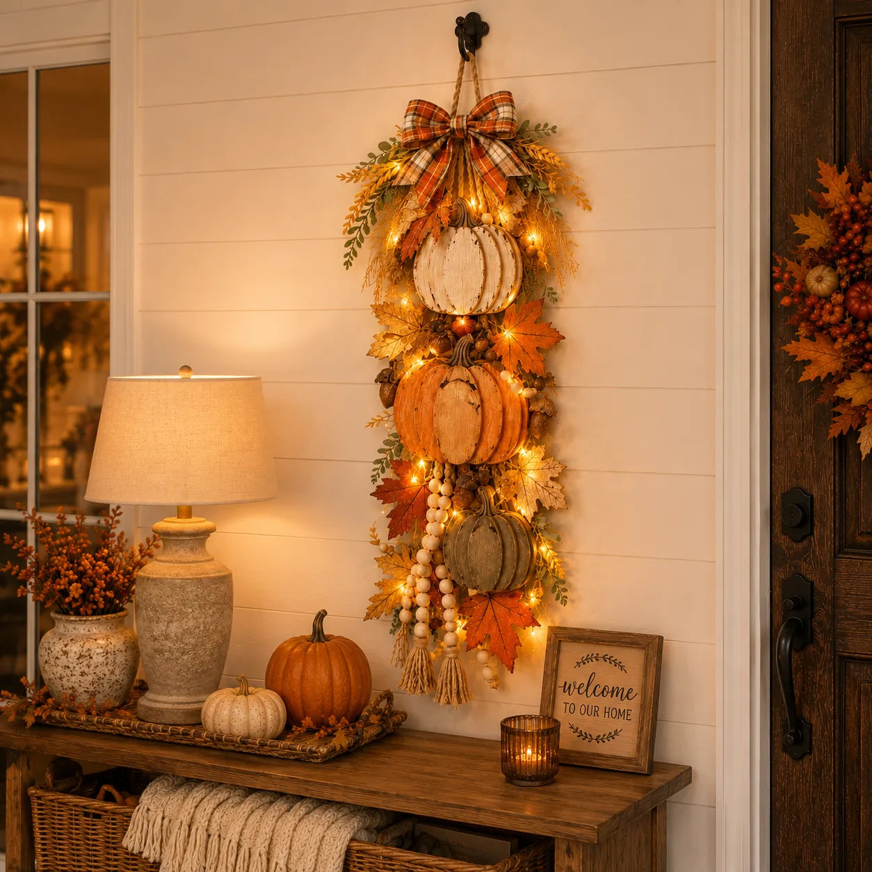 🔥 Limited-Time 50% OFF✨Rustic Wooden Pumpkin Door Hanging with Warm LED Lights