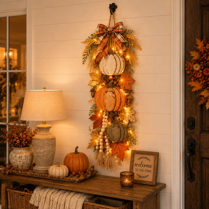 🔥 Limited-Time 50% OFF✨Rustic Wooden Pumpkin Door Hanging with Warm LED Lights