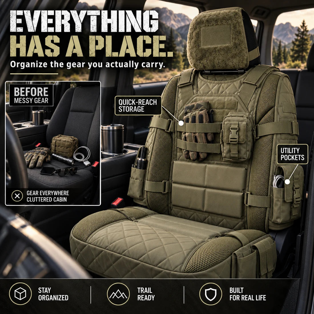 Truck seat MOLLE storage and utility pockets