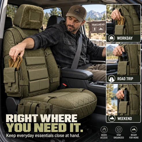 Truck seat storage for workday road trip and weekend use