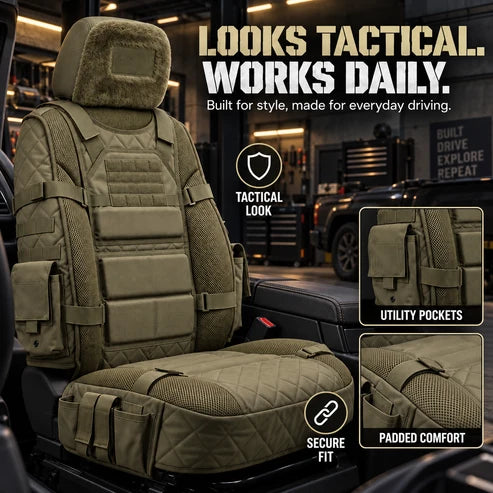 Tactical style truck seat cover with utility pockets