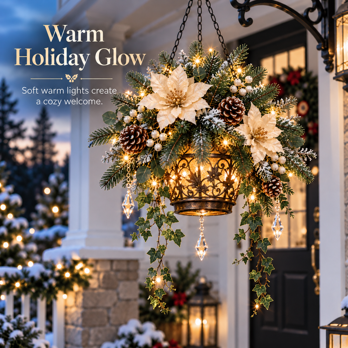 🔥Last Day 50%🎄Lighted Christmas Hanging Basket – Elegant Winter Floral Decor with Warm Glow for Porch & Entryway