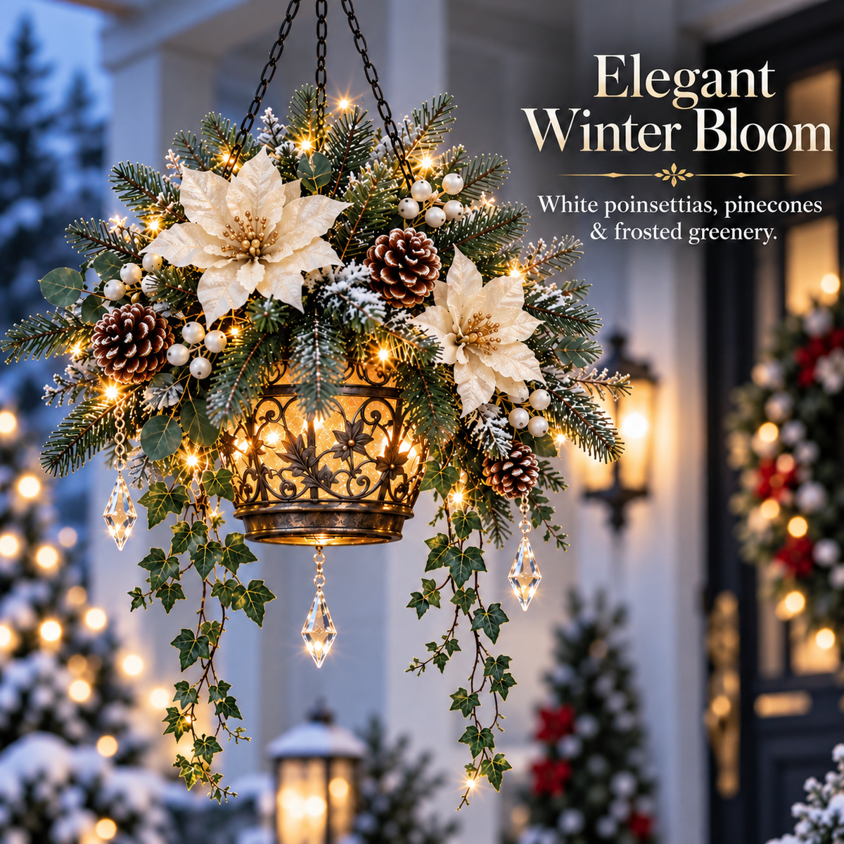 🔥Last Day 50%🎄Lighted Christmas Hanging Basket – Elegant Winter Floral Decor with Warm Glow for Porch & Entryway