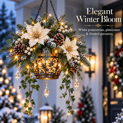 🔥Last Day 50%🎄Lighted Christmas Hanging Basket – Elegant Winter Floral Decor with Warm Glow for Porch & Entryway