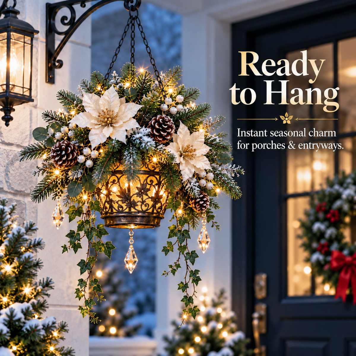 🔥Last Day 50%🎄Lighted Christmas Hanging Basket – Elegant Winter Floral Decor with Warm Glow for Porch & Entryway