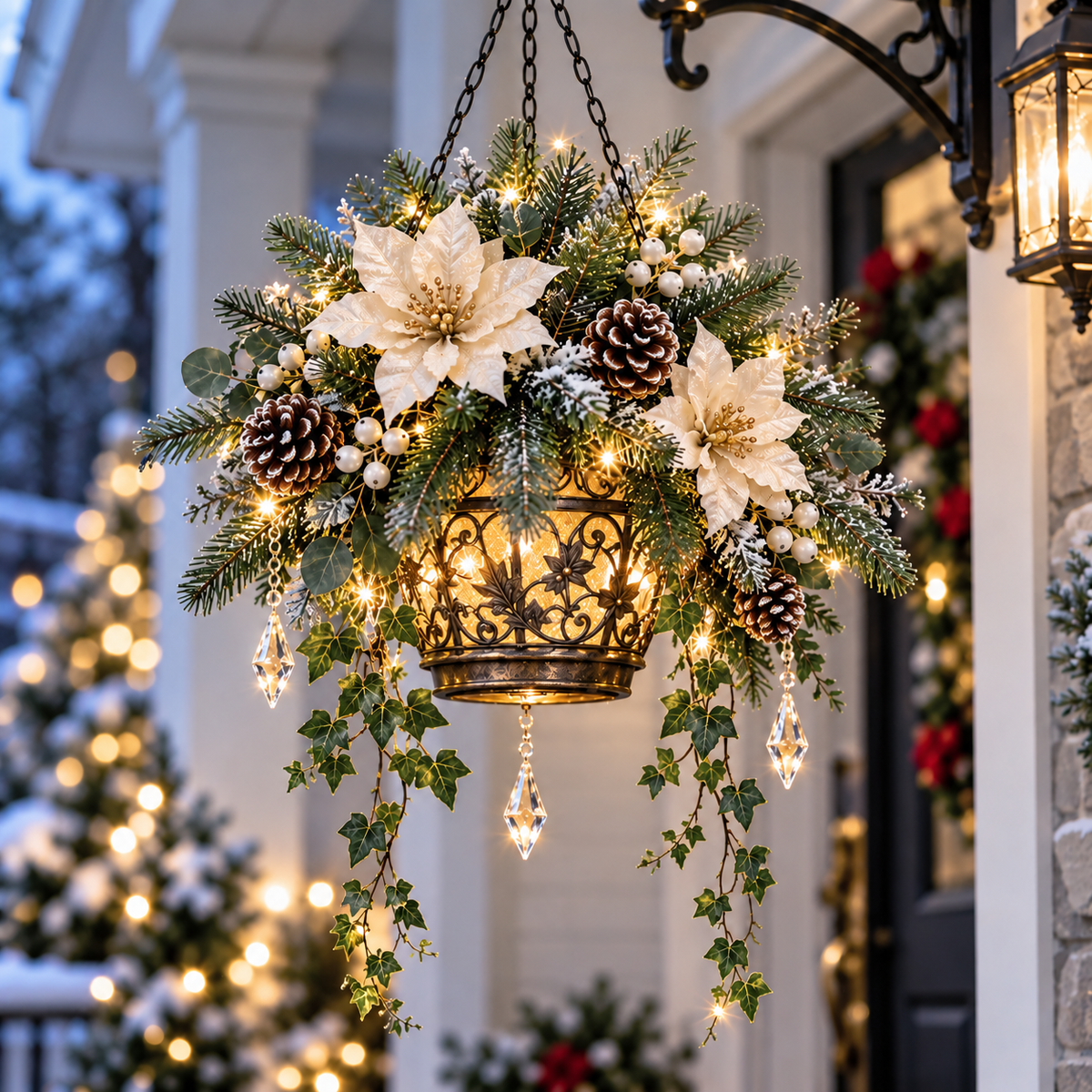 🔥Last Day 50%🎄Lighted Christmas Hanging Basket – Elegant Winter Floral Decor with Warm Glow for Porch & Entryway