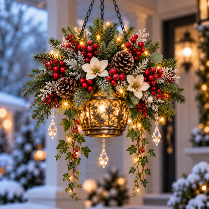 🔥Last Day 50%🎄Lighted Christmas Hanging Basket – Elegant Winter Floral Decor with Warm Glow for Porch & Entryway