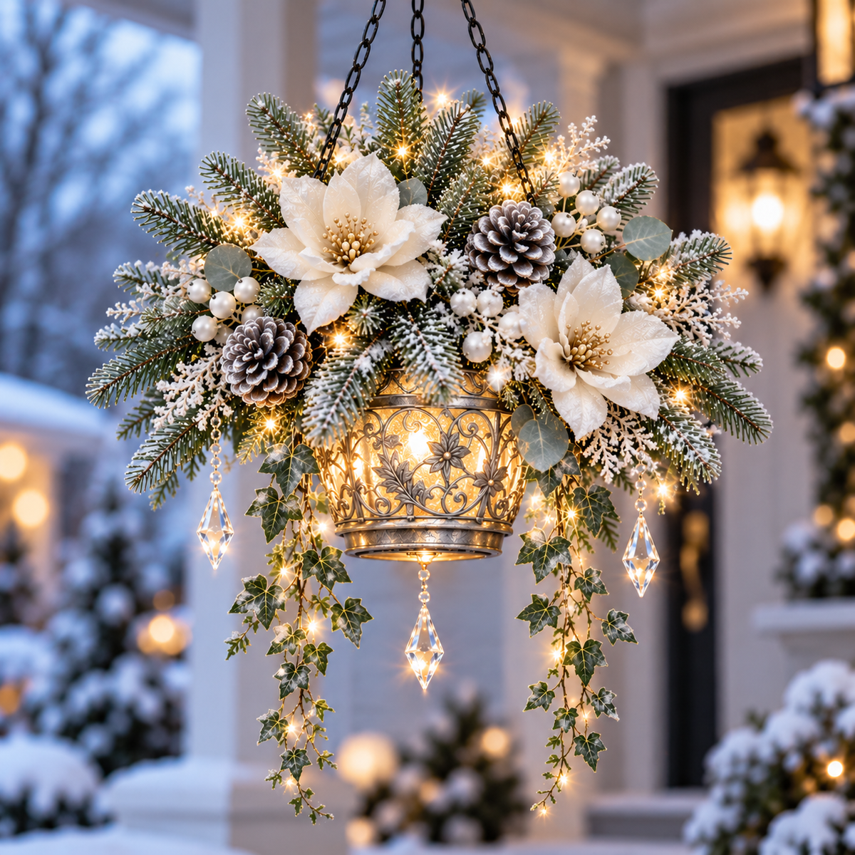 🔥Last Day 50%🎄Lighted Christmas Hanging Basket – Elegant Winter Floral Decor with Warm Glow for Porch & Entryway