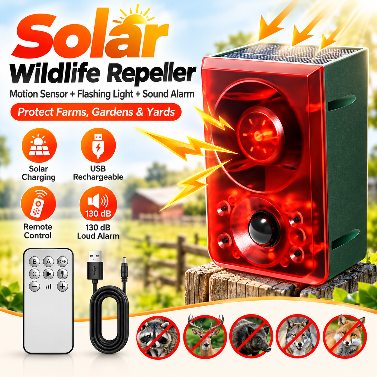 🔊 130dB SOLAR MOTION SENSOR ANIMAL ALARM 🔥 Flashing Light + Custom Recording