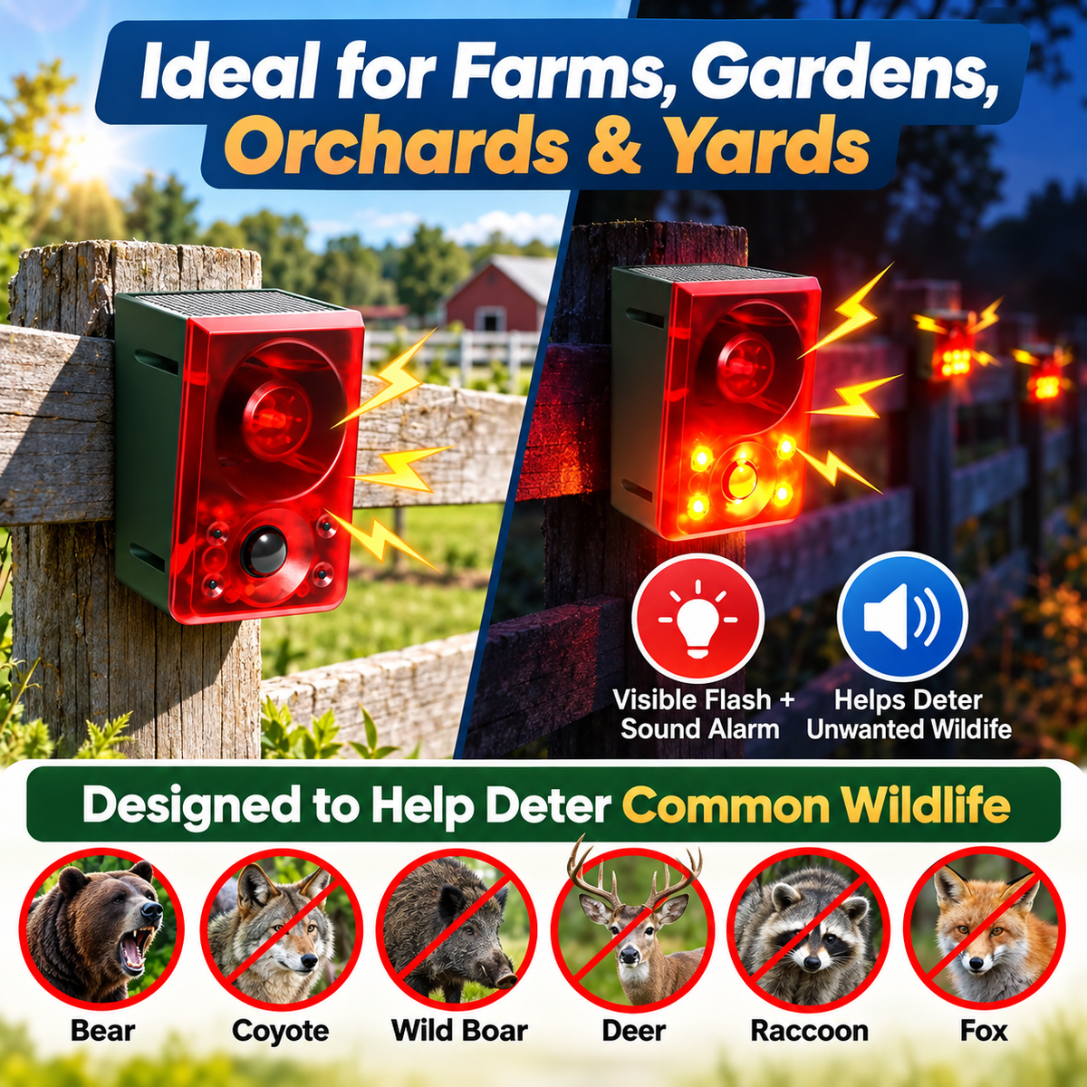 🔊 130dB SOLAR MOTION SENSOR ANIMAL ALARM 🔥 Flashing Light + Custom Recording