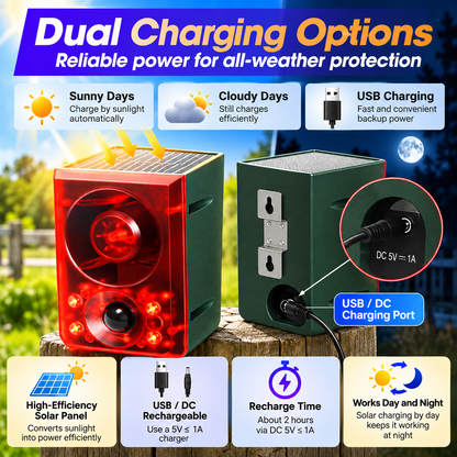 🔊 130dB SOLAR MOTION SENSOR ANIMAL ALARM 🔥 Flashing Light + Custom Recording