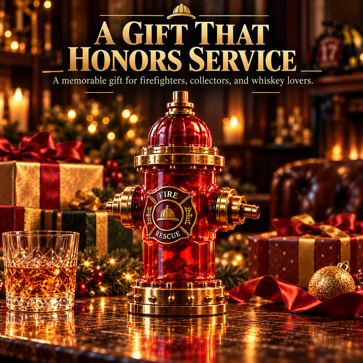 🚒 Firefighter Tribute Hydrant Whiskey Decanter – Red & Gold Memorial Display Gift