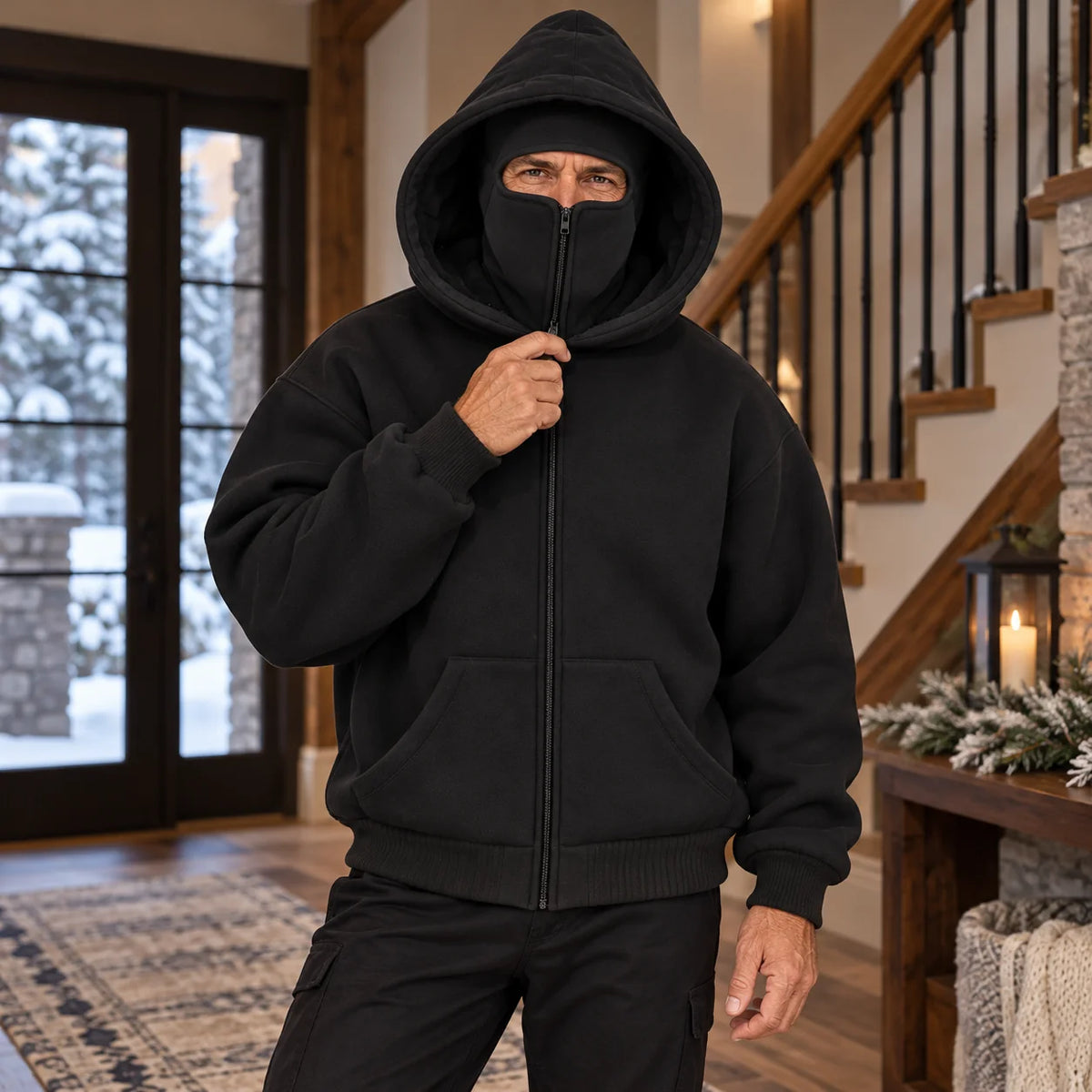 Men's Winter Sherpa-Lined Hoodie with Built-In Face Cover