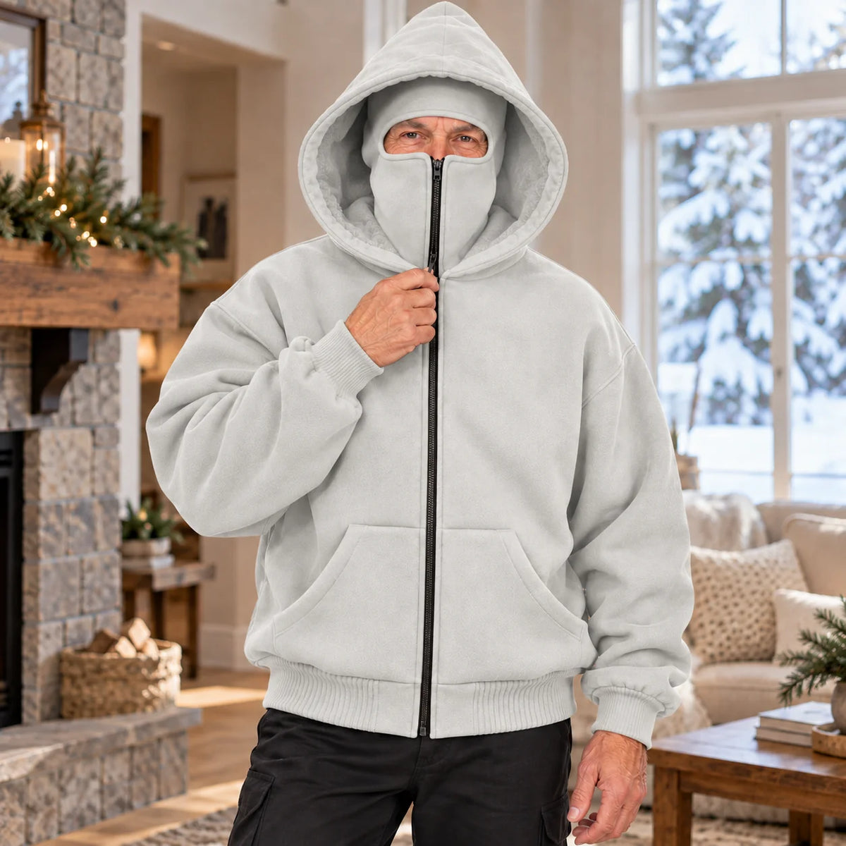 Men's Winter Sherpa-Lined Hoodie with Built-In Face Cover