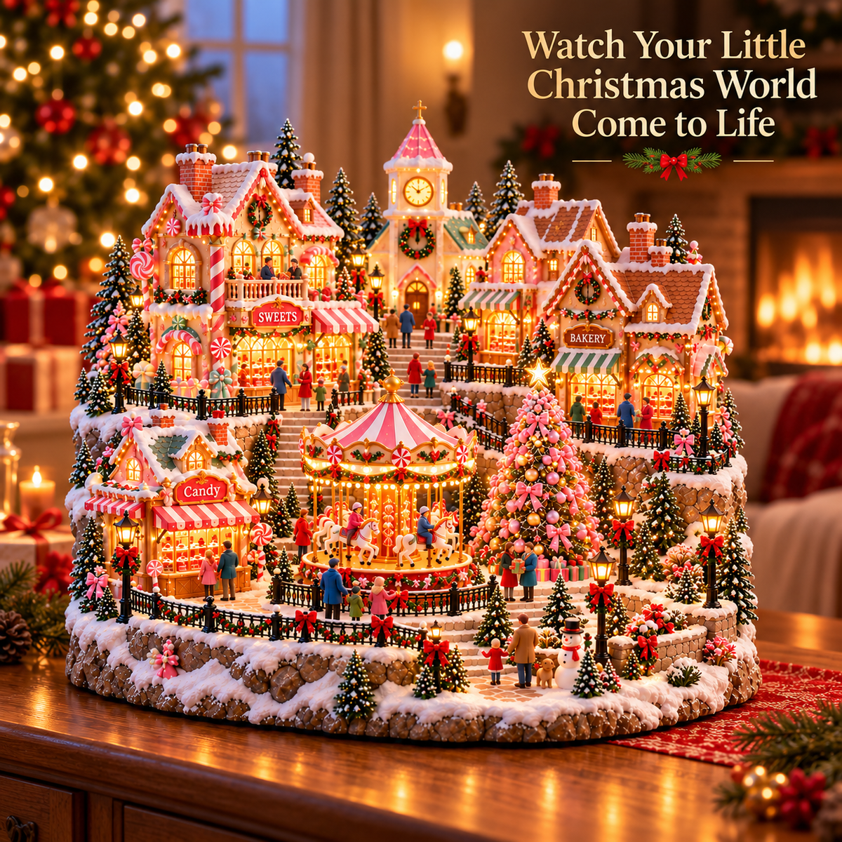 🔥Last Day 50%🎄✨ Magical Christmas Candy Village – Lighted Miniature Holiday Wonderland with Carousel