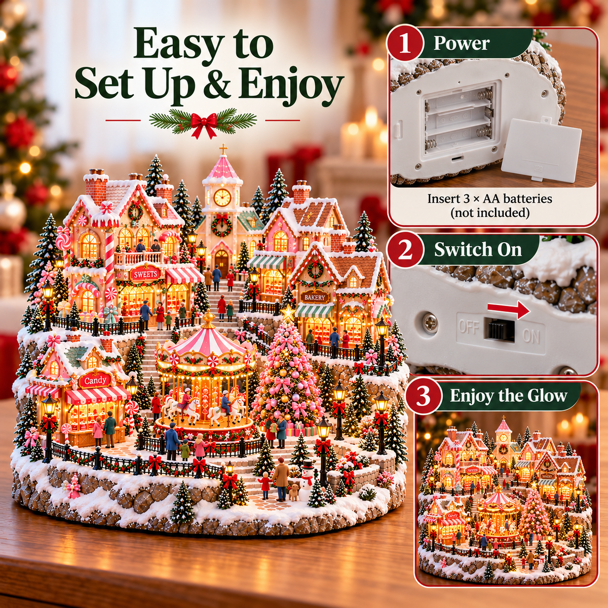 🔥Last Day 50%🎄✨ Magical Christmas Candy Village – Lighted Miniature Holiday Wonderland with Carousel