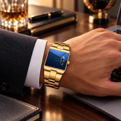 Men’s Gold-Tone Square Quartz Watch | Business Casual Style