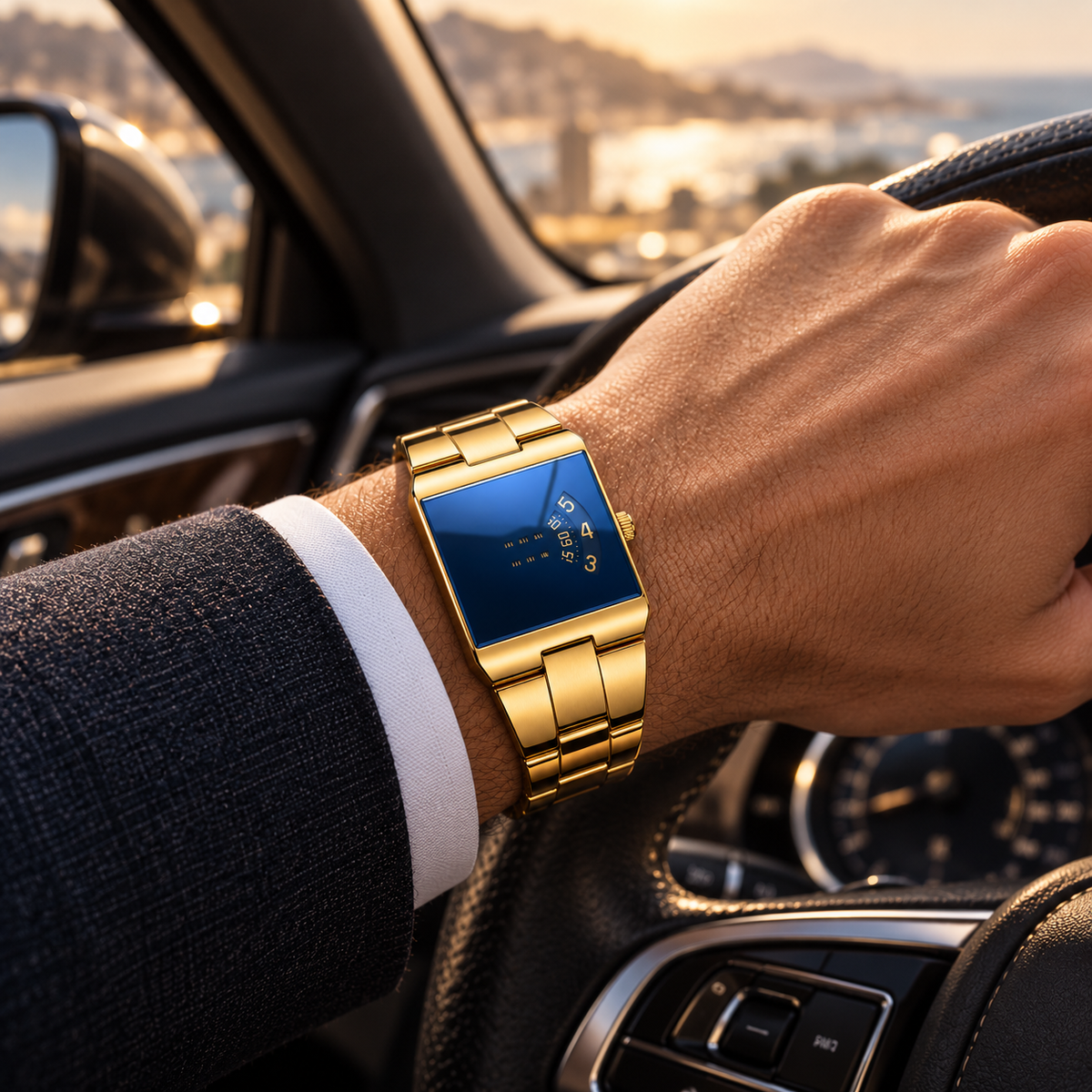 Men’s Gold-Tone Square Quartz Watch | Business Casual Style