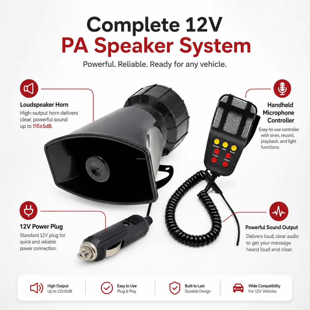 12V Vehicle PA Speaker & Warning Horn System – Multi-Sound Outdoor Truck Speaker