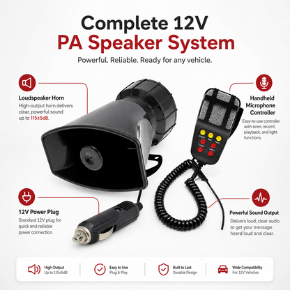 12V Vehicle PA Speaker & Warning Horn System – Multi-Sound Outdoor Truck Speaker
