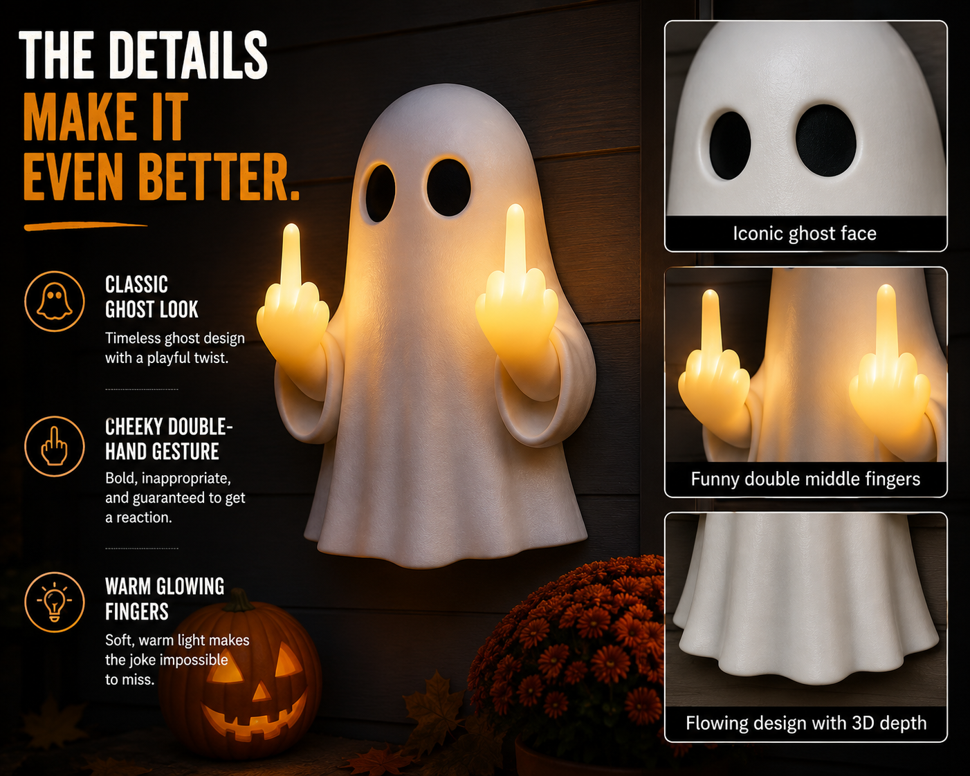 Light-Up Middle Finger Ghost Wall Decor – Funny Halloween Porch Decoration