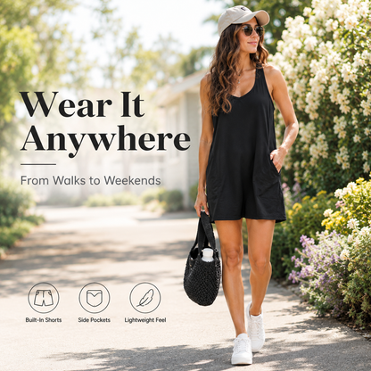 🌞 Women's Summer Mini Dress – 🩳 Built-in Shorts & Side Pockets – V-Neck, Spaghetti Straps, Sporty Casual
