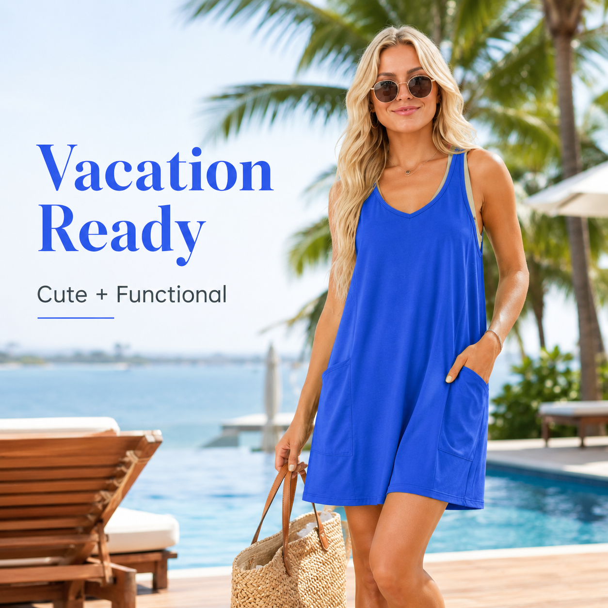 🌞 Women's Summer Mini Dress – 🩳 Built-in Shorts & Side Pockets – V-Neck, Spaghetti Straps, Sporty Casual