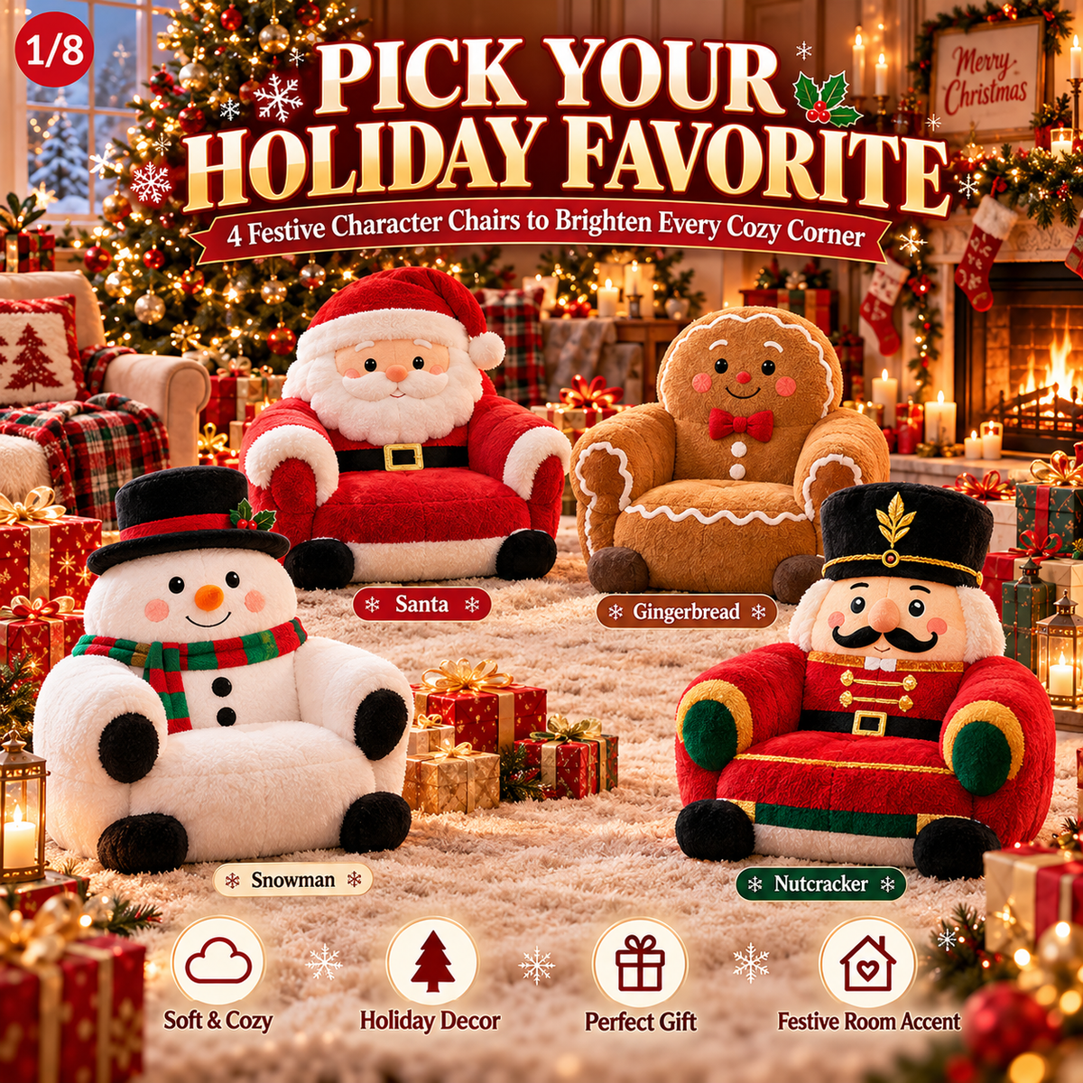 🔥 LAST DAY 50% OFF🎄 Christmas Character Plush Lounge Chair – Santa, Gingerbread, Snowman & Nutcracker Holiday Seat