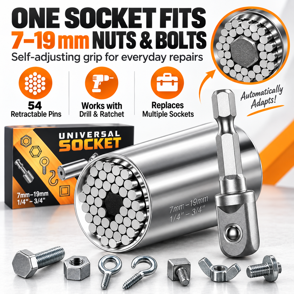 7–19mm Universal Self-Adjusting Socket for Nuts & Bolts