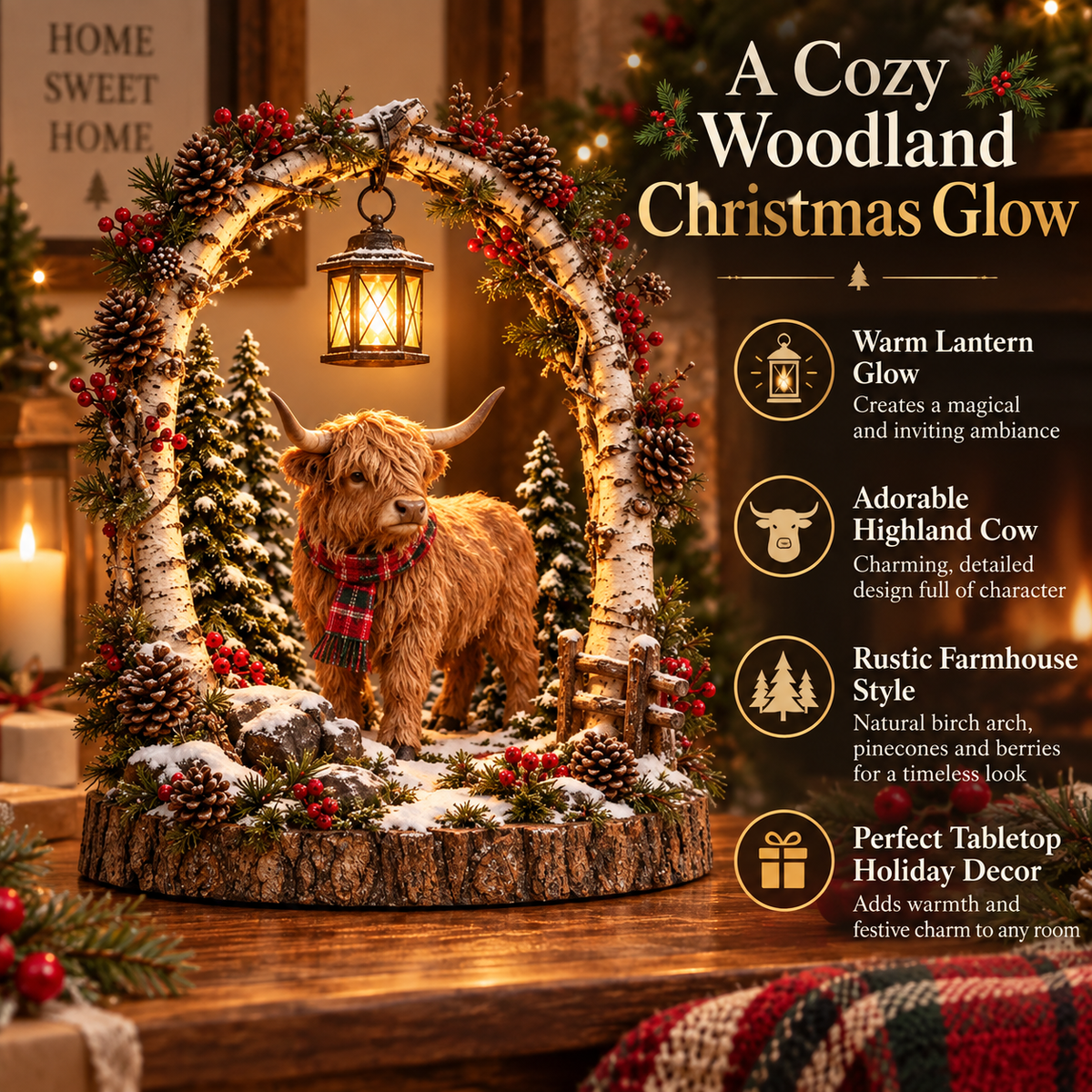 🐮🎄 Highland Cow Christmas Lantern – Cozy Woodland Holiday Décor