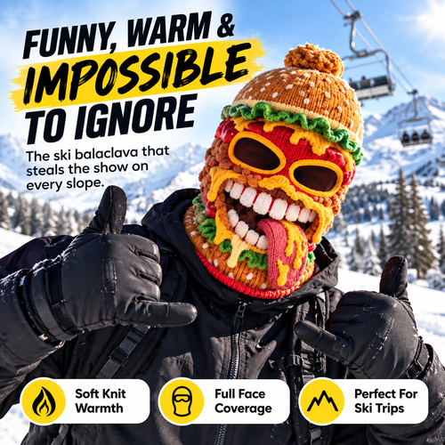 🍔 Funny Food Knit Balaclava – Warm Full-Face Ski Mask for Winter Adventures