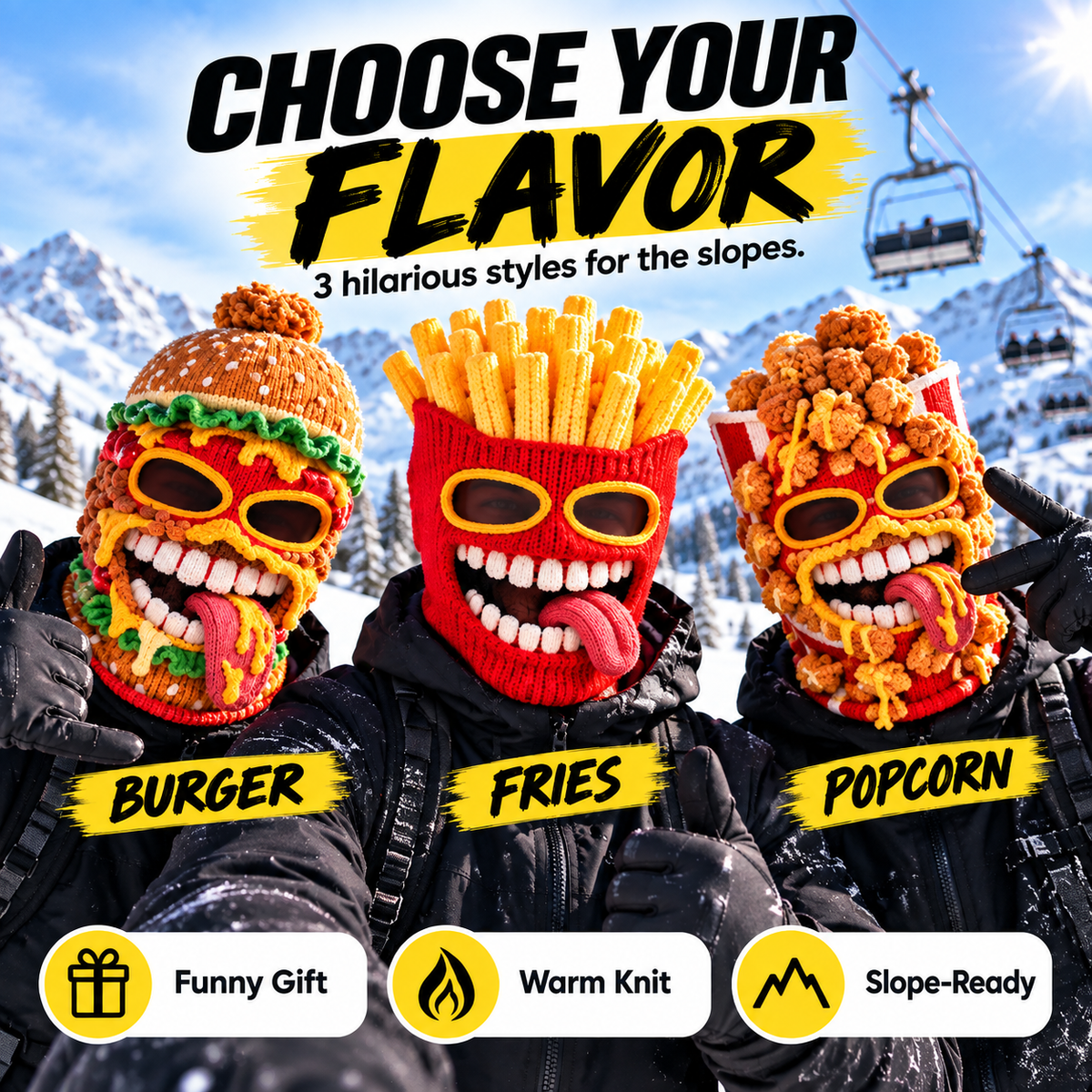 🍔 Funny Food Knit Balaclava – Warm Full-Face Ski Mask for Winter Adventures