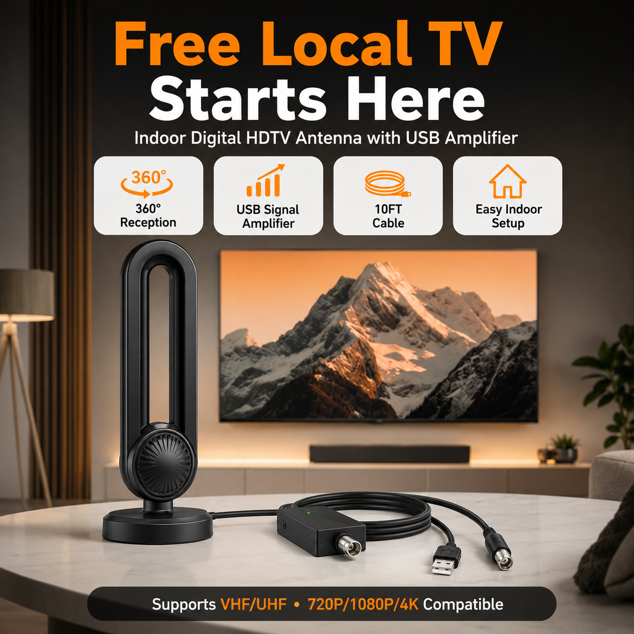 📺 360° Indoor HDTV Antenna with USB Amplifier – 10FT Cable for Local Digital TV