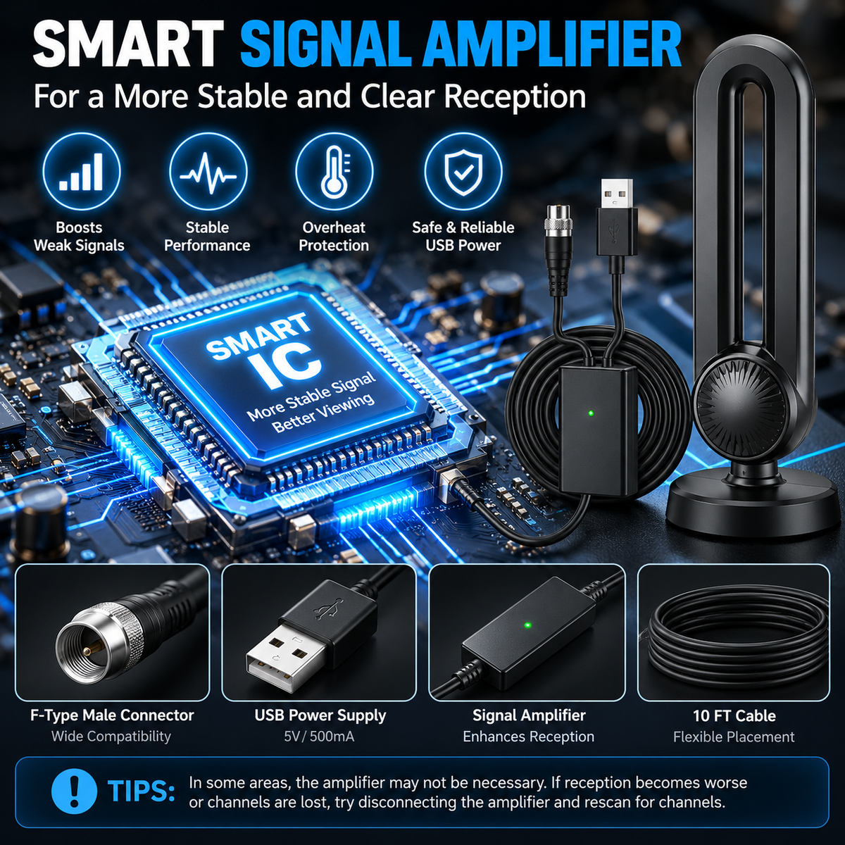 📺 360° Indoor HDTV Antenna with USB Amplifier – 10FT Cable for Local Digital TV