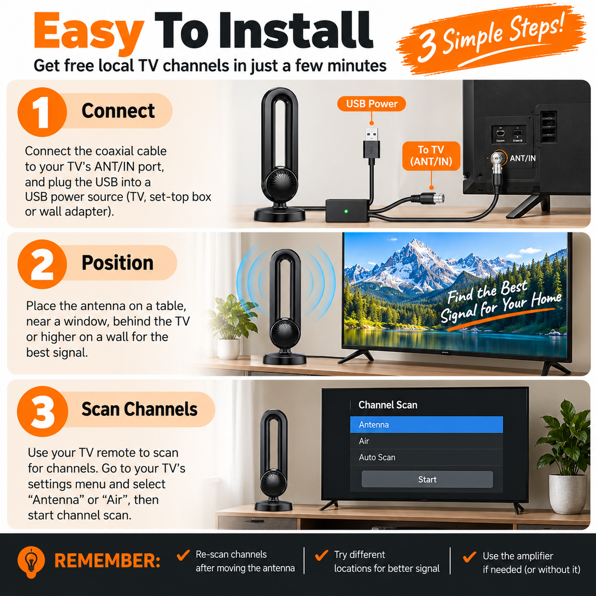 📺 360° Indoor HDTV Antenna with USB Amplifier – 10FT Cable for Local Digital TV