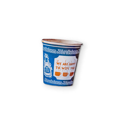 A BLUE BODEGA CUP YOU CAN CLEAN YOUR GLASSES WITH