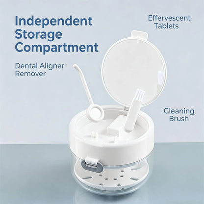 3-in-1 Retainer Soak Case with Drain Tray. Mirror & Cleaning Brush for Aligners & Dentures