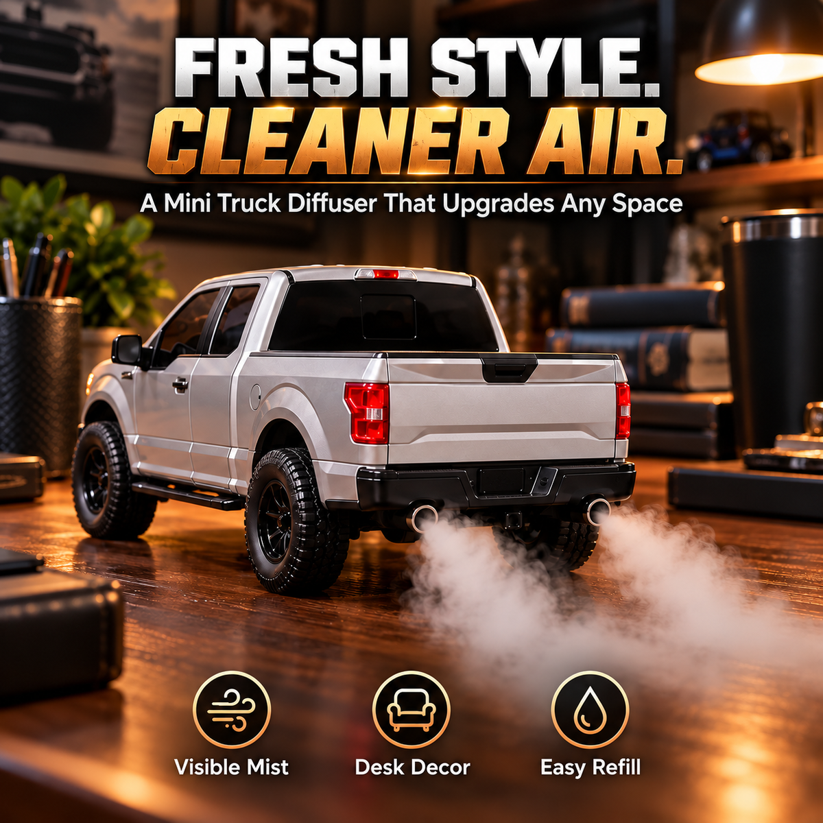 🛻 Realistic Mini Pickup Truck Aroma Diffuser 💨 – Dual Exhaust Mist Effect, Cool Desk Decor & Unique Gift for Truck Lovers 🎁